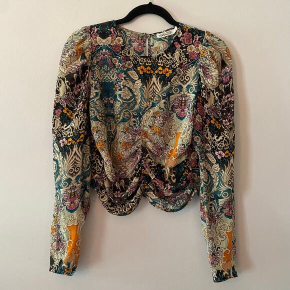 Maria Cher. Blue Purple Floral Abstract Blouse Rouched Cropped Silk size Large - Picture 2 of 12